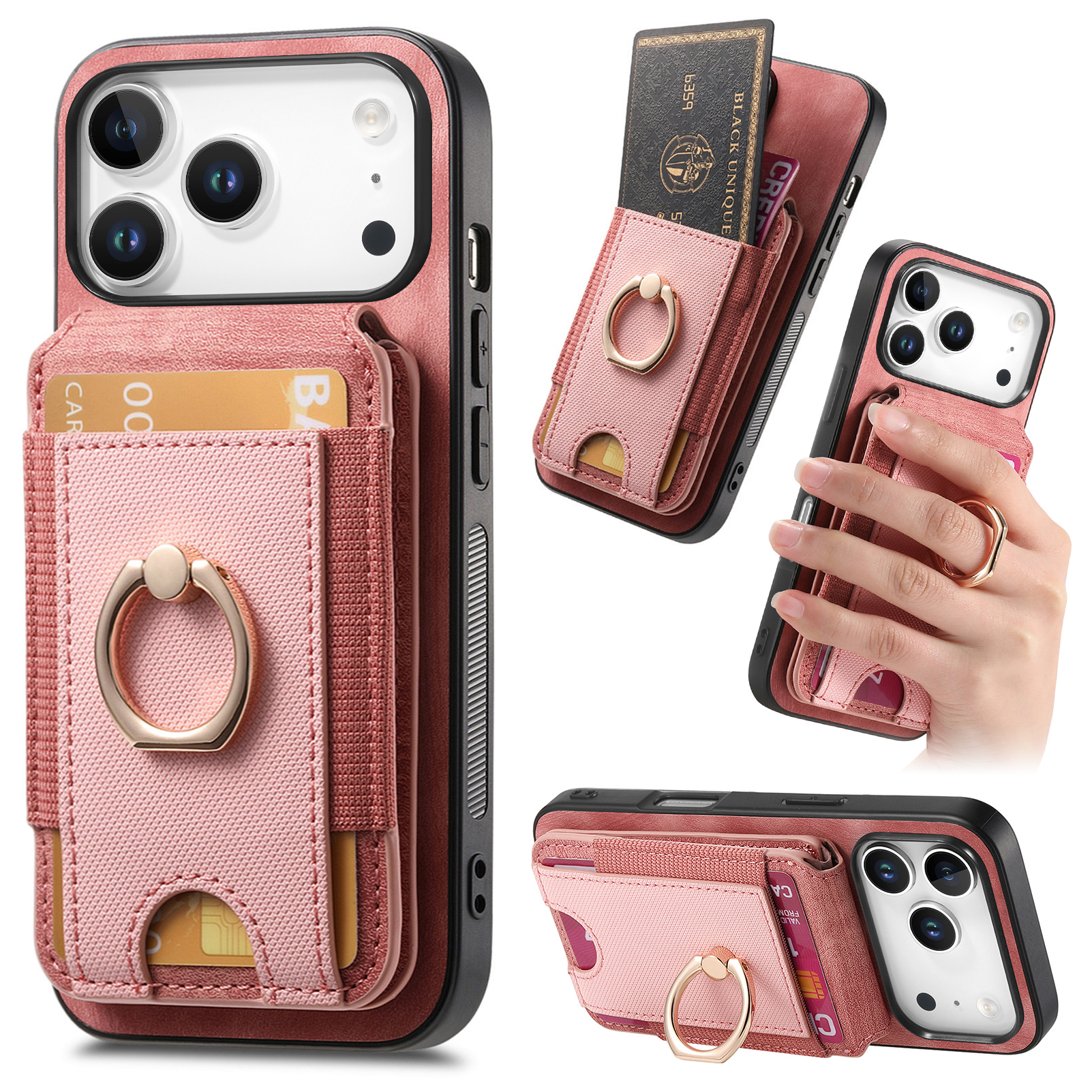 For iPhone 17 Pro Case Compatible with MagSafe Leather Back Cover with Detachable Card Holder Kickstand - Pink