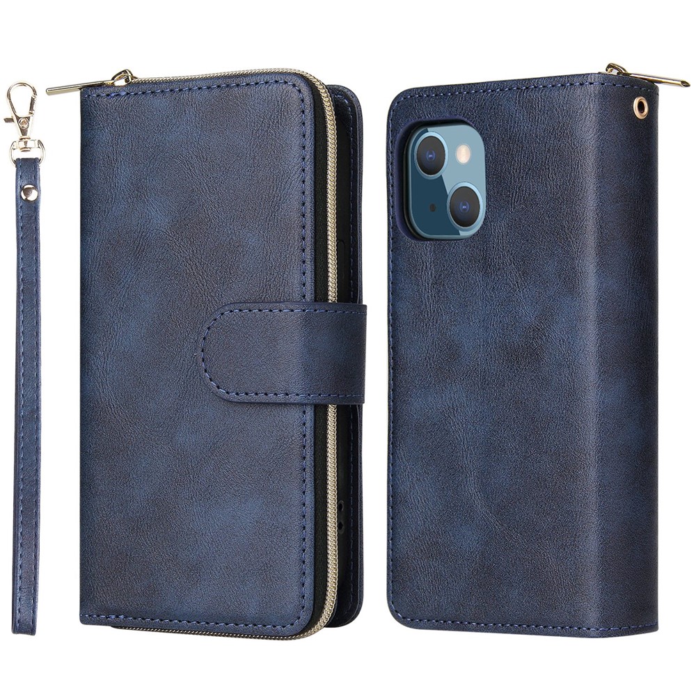 For iPhone 13 mini 5.4 inch Shockproof PU Leather Phone Case 9 Card Holder Slots Magnetic Closure Zipper Pocket Flip Wallet Stand Protective Phone Cover with Strap - Blue