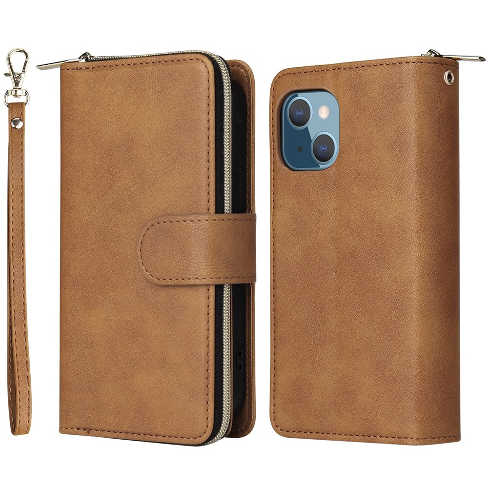For iPhone 13 mini 5.4 inch Shockproof PU Leather Phone Case 9 Card Holder Slots Magnetic Closure Zipper Pocket Flip Wallet Stand Protective Phone Cover with Strap - Brown
