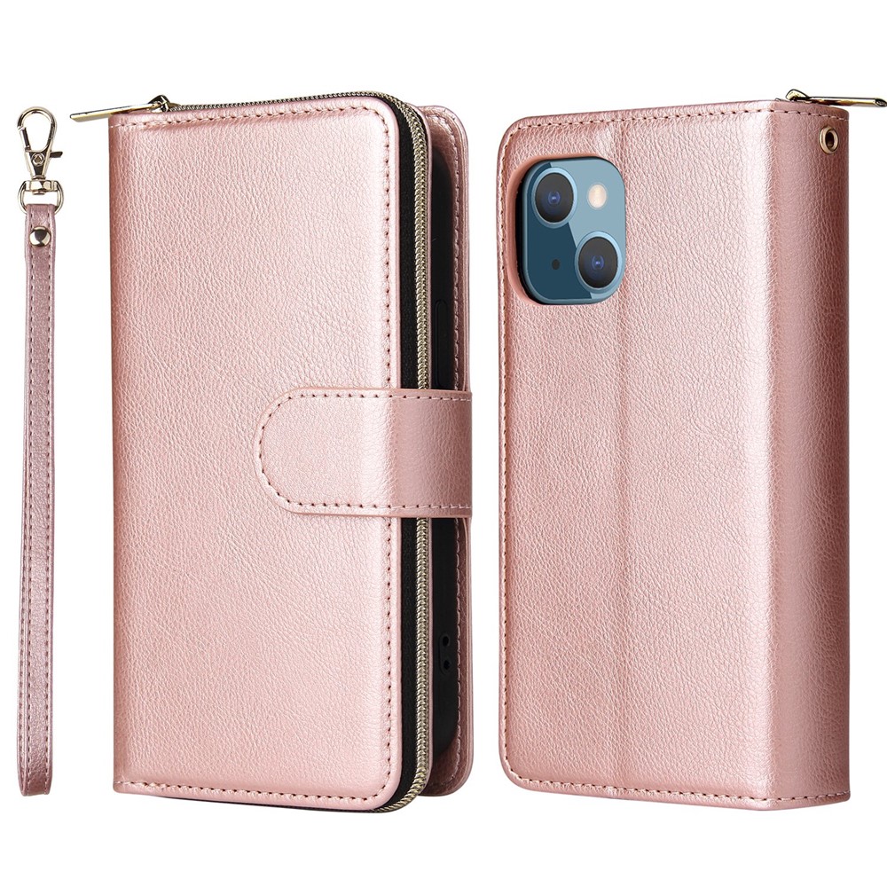 For iPhone 13 mini 5.4 inch Shockproof PU Leather Phone Case 9 Card Holder Slots Magnetic Closure Zipper Pocket Flip Wallet Stand Protective Phone Cover with Strap - Rose Gold