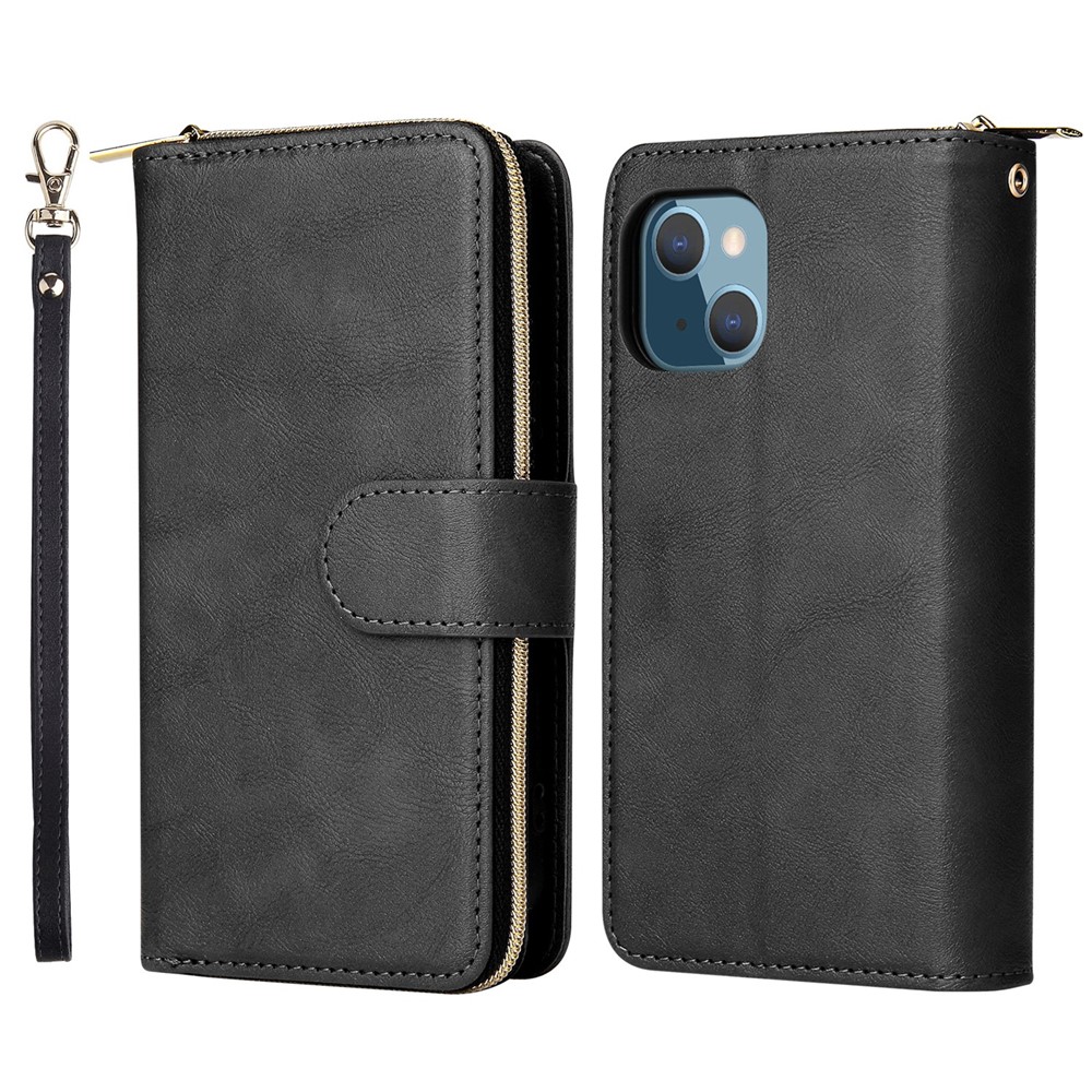 For iPhone 13 mini 5.4 inch Shockproof PU Leather Phone Case 9 Card Holder Slots Magnetic Closure Zipper Pocket Flip Wallet Stand Protective Phone Cover with Strap - Black