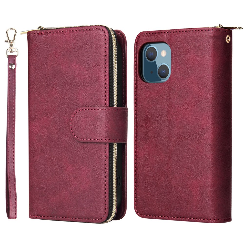 For iPhone 13 mini 5.4 inch Shockproof PU Leather Phone Case 9 Card Holder Slots Magnetic Closure Zipper Pocket Flip Wallet Stand Protective Phone Cover with Strap - Wine Red