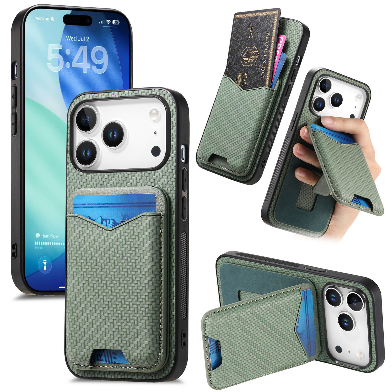 For iPhone 17 Pro Case Card Holder Kickstand Carbon Fiber Texture Back Cover - Green