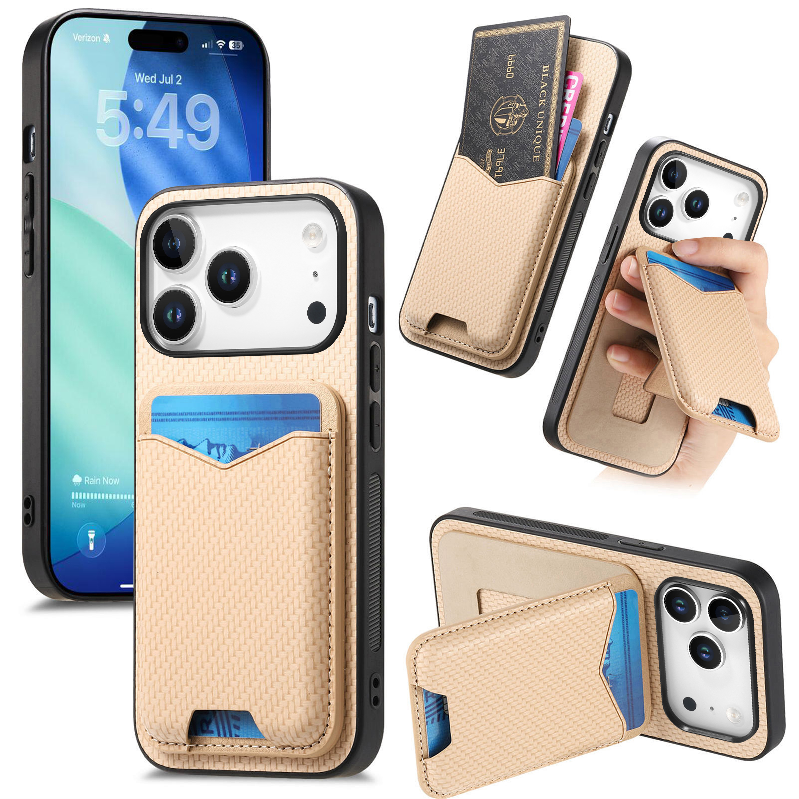 For iPhone 17 Pro Case Card Holder Kickstand Carbon Fiber Texture Back Cover - Khaki