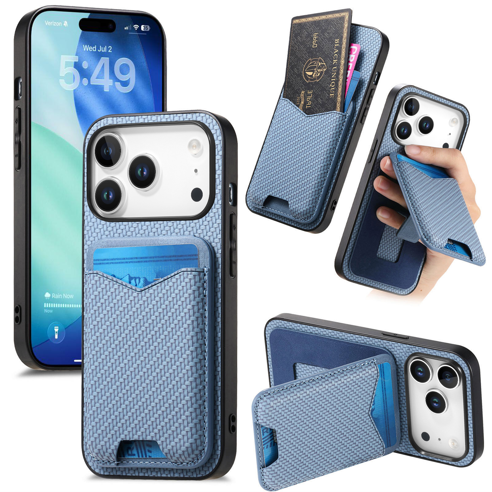 For iPhone 17 Pro Case Card Holder Kickstand Carbon Fiber Texture Back Cover - Blue
