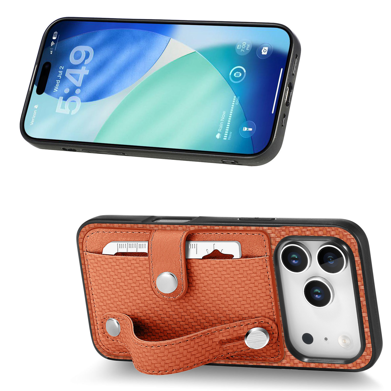 For iPhone 17 Pro Case Carbon Fiber Texture Leather Phone Back Cover with Card Holder - Brown