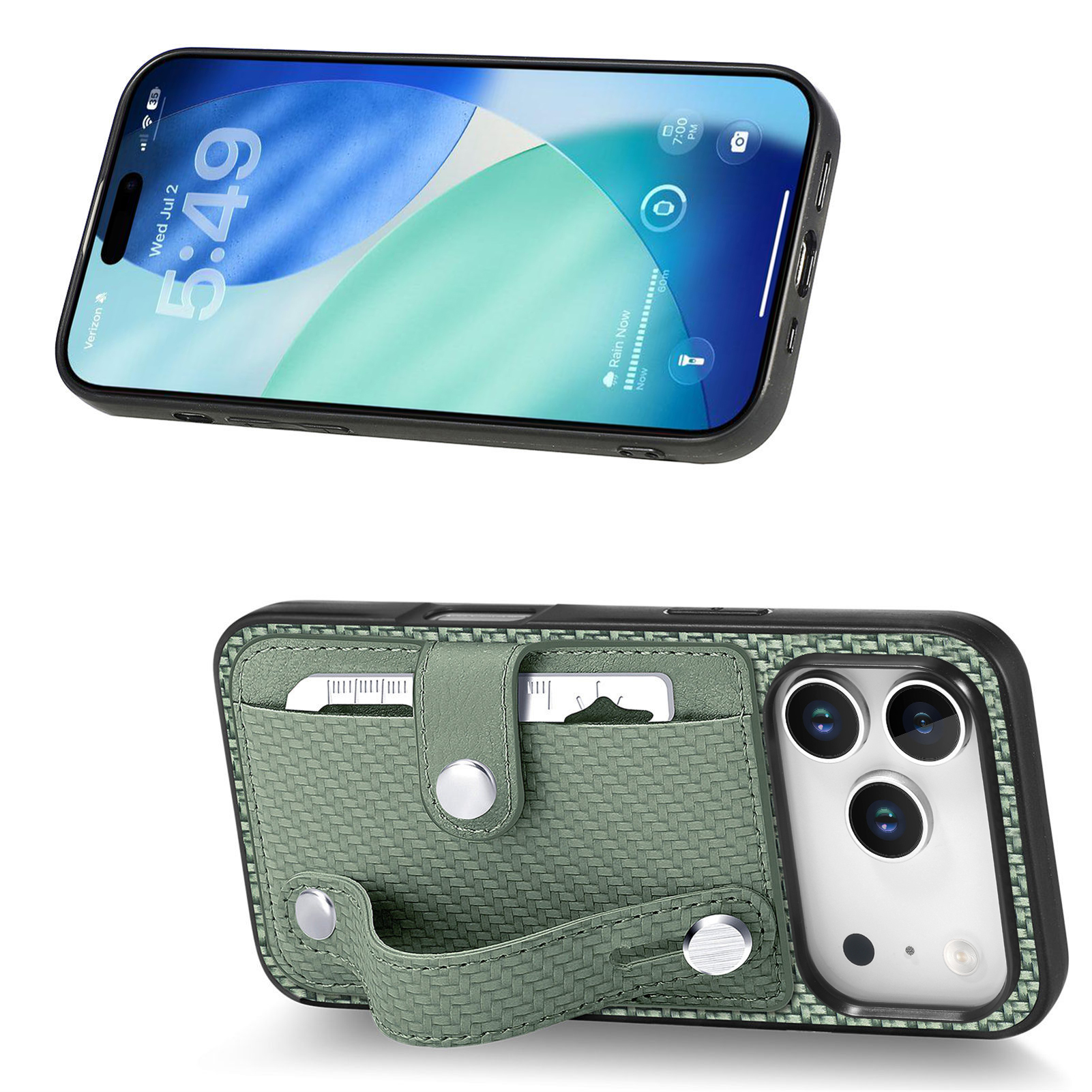 For iPhone 17 Pro Case Carbon Fiber Texture Leather Phone Back Cover with Card Holder - Green