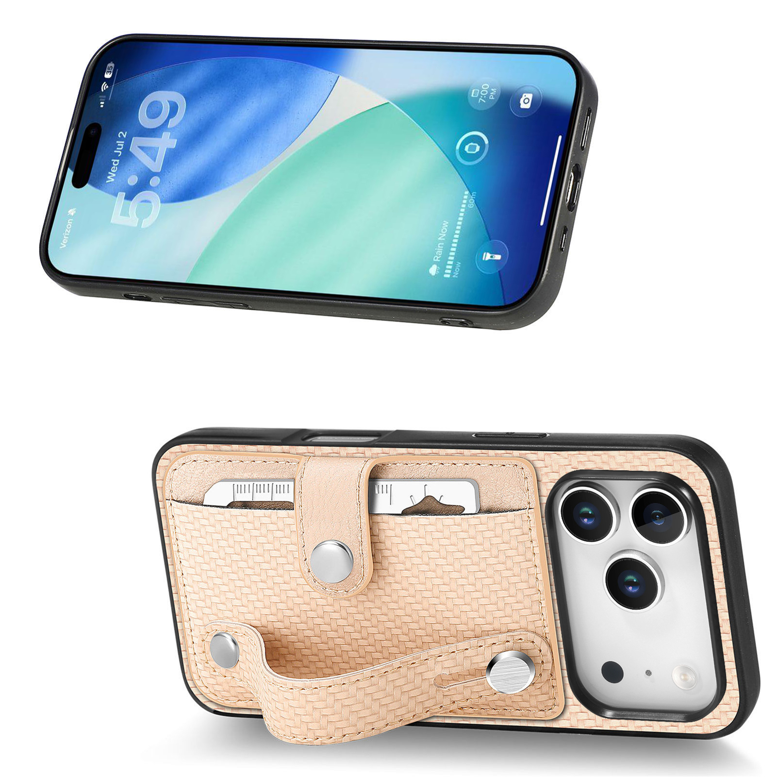 For iPhone 17 Pro Case Carbon Fiber Texture Leather Phone Back Cover with Card Holder - Khaki