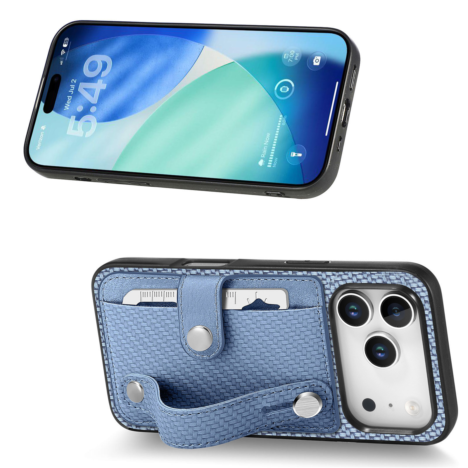 For iPhone 17 Pro Case Carbon Fiber Texture Leather Phone Back Cover with Card Holder - Blue