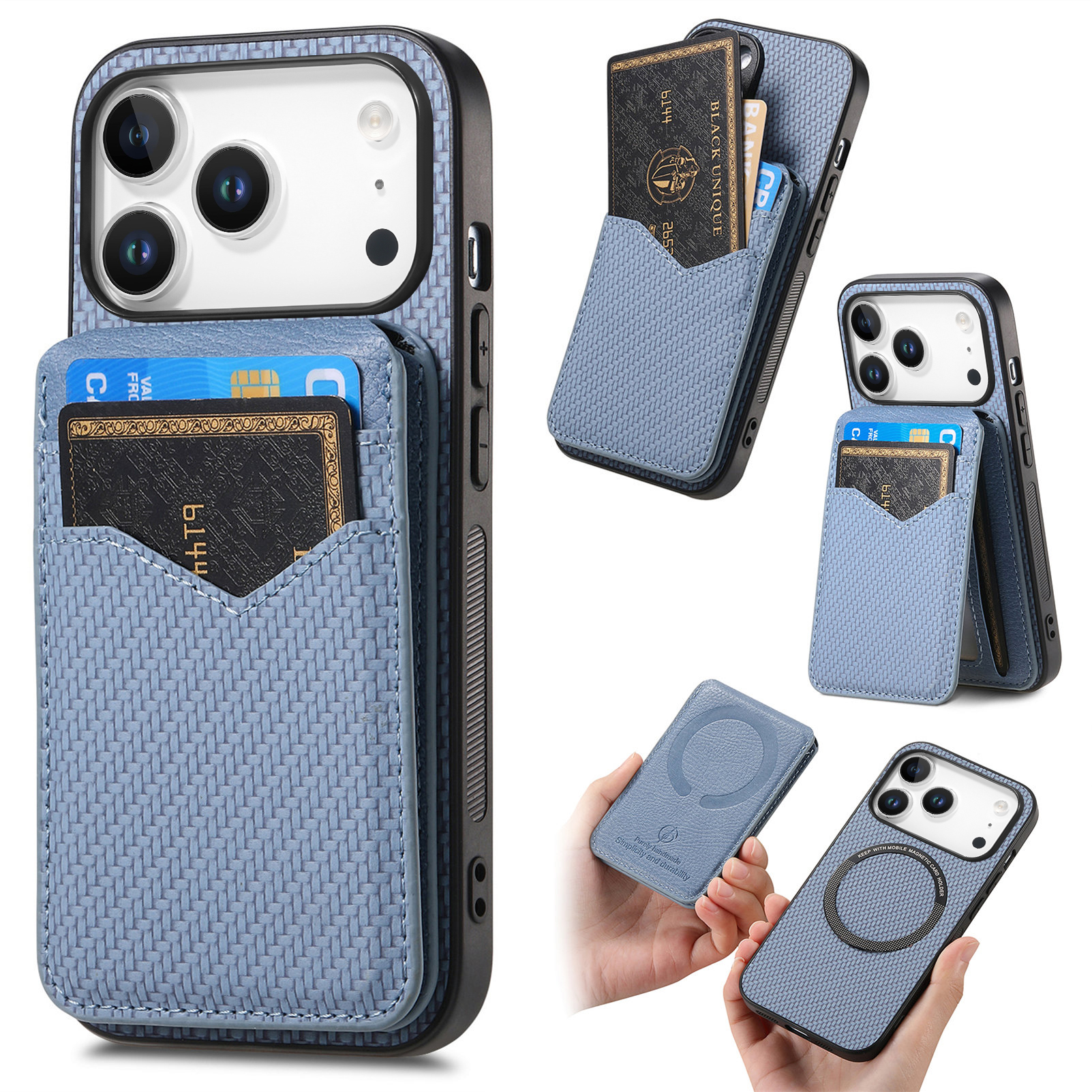 For iPhone 17 Pro Magnetic Case Carbon Fiber Texture Back Cover with Detachable Card Holder - Blue