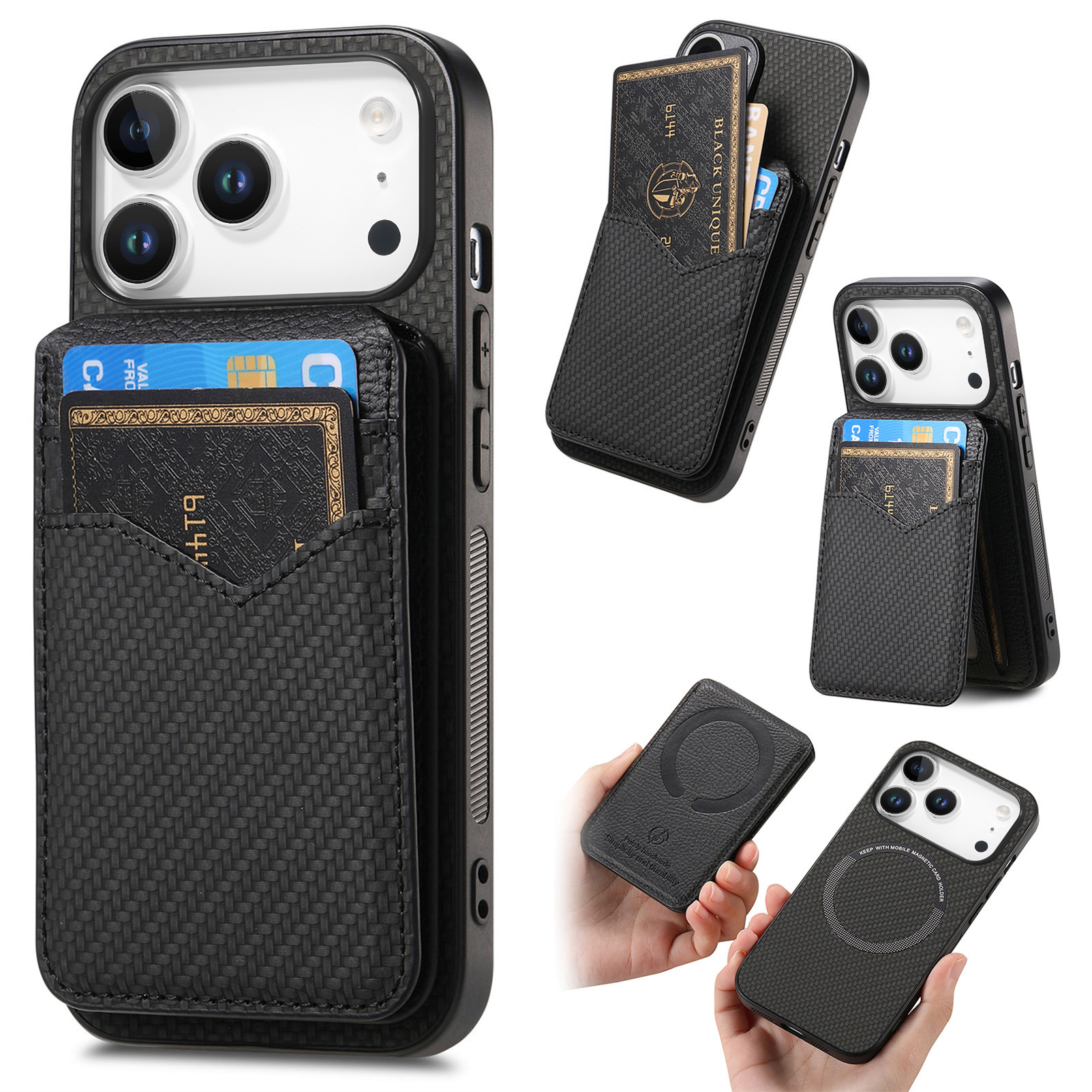 For iPhone 17 Pro Magnetic Case Carbon Fiber Texture Back Cover with Detachable Card Holder - Black