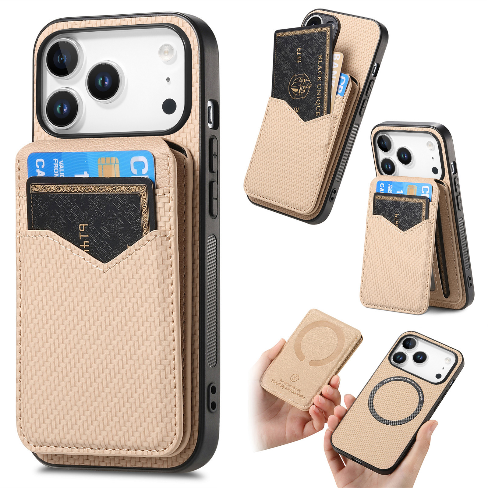 For iPhone 17 Pro Magnetic Case Carbon Fiber Texture Back Cover with Detachable Card Holder - Khaki