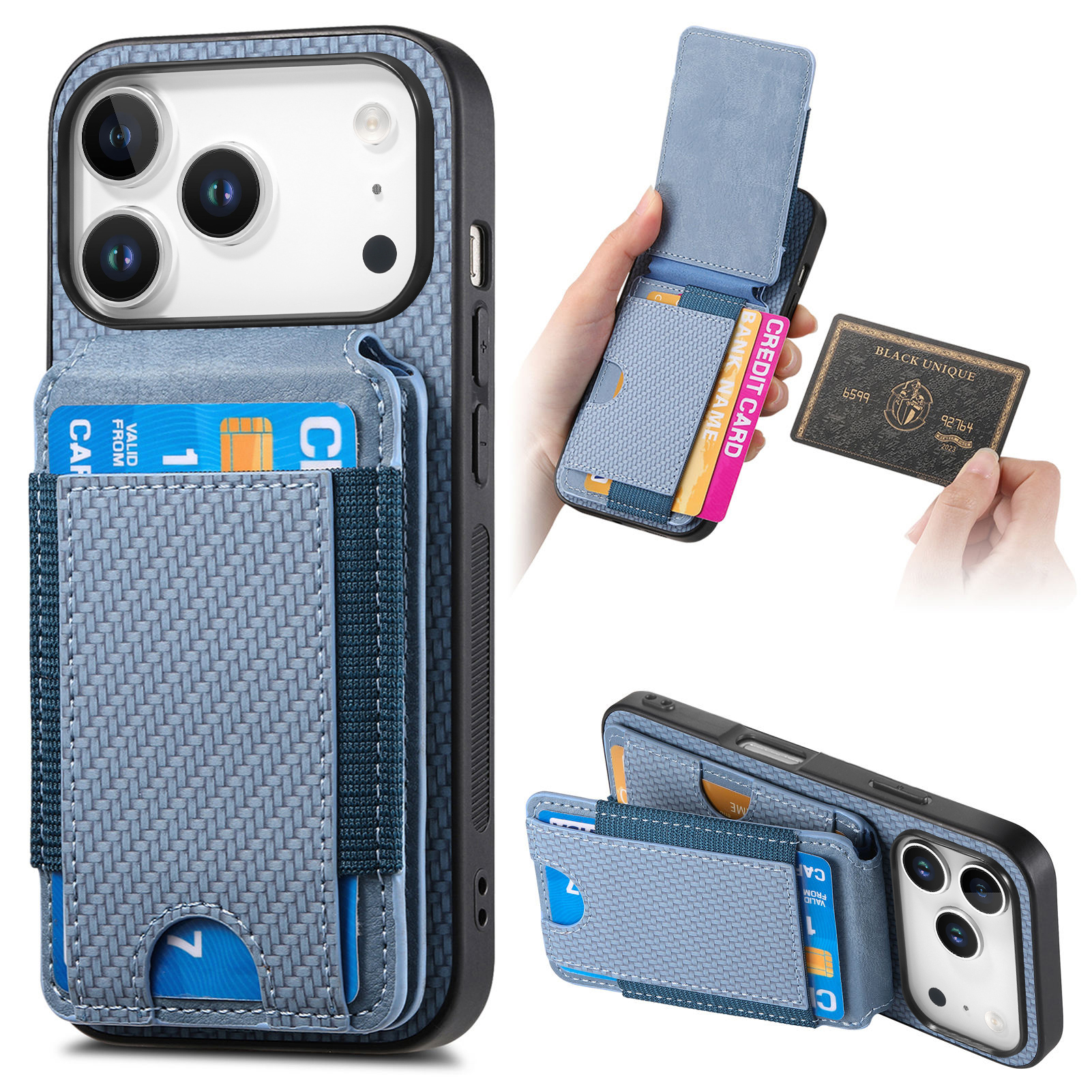For iPhone 17 Pro Case with Card Holder Kickstand Leather Back Cover - Blue