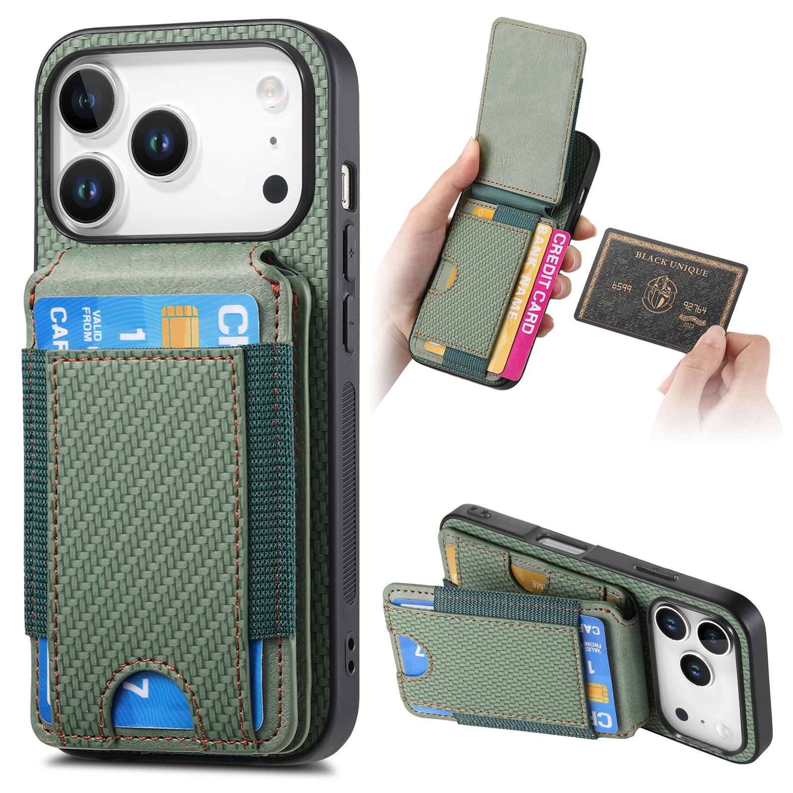 For iPhone 17 Pro Case with Card Holder Kickstand Leather Back Cover - Green