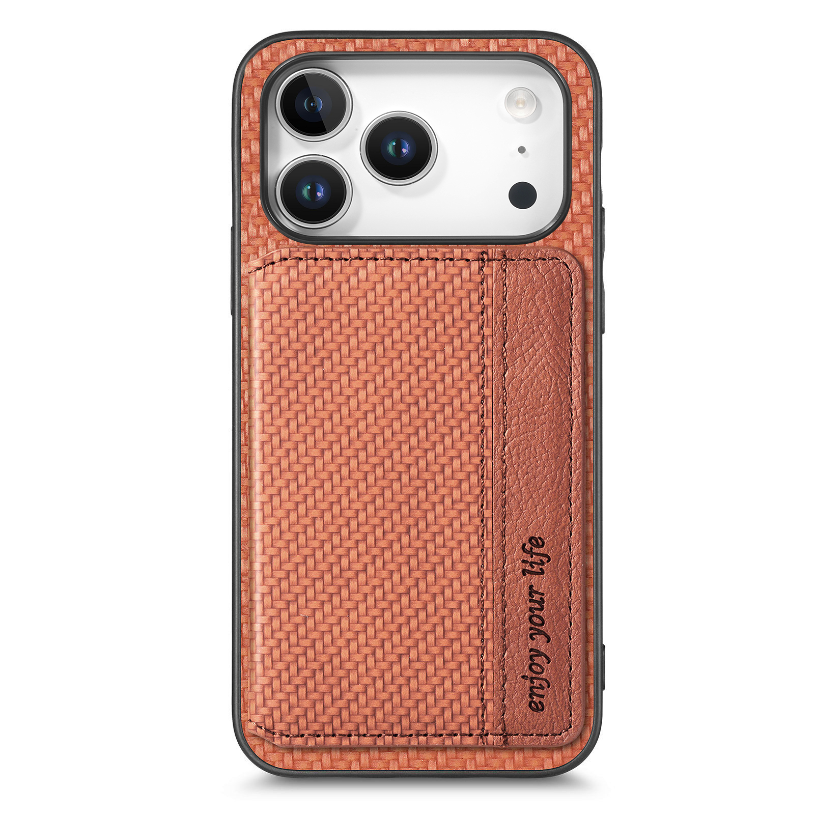 For iPhone 17 Pro Case RFID Blocking Carbon Fiber Leather Phone Back Cover with Card Holder - Brown