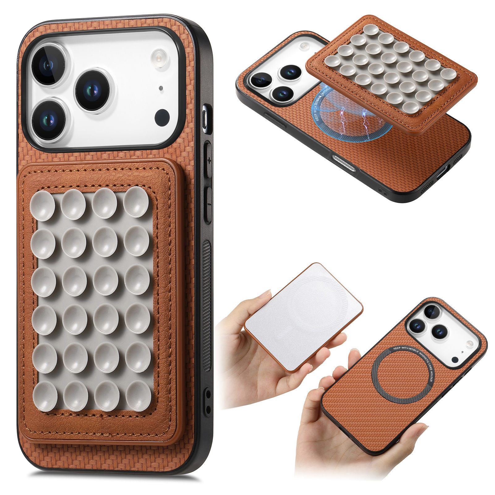 For iPhone 17 Pro Case Carbon Fiber Texture Leather Back Cover with Magnetic Detachable Suction Cup - Brown
