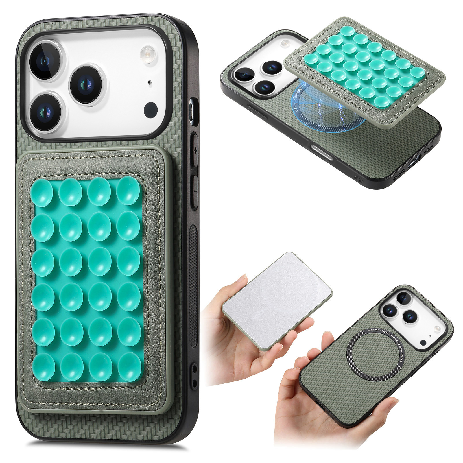 For iPhone 17 Pro Case Carbon Fiber Texture Leather Back Cover with Magnetic Detachable Suction Cup - Green