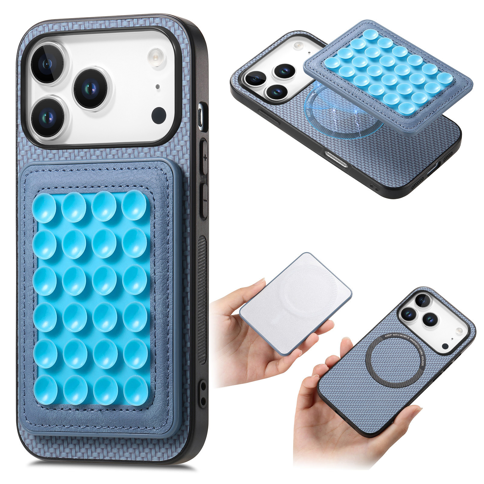 For iPhone 17 Pro Case Carbon Fiber Texture Leather Back Cover with Magnetic Detachable Suction Cup - Blue