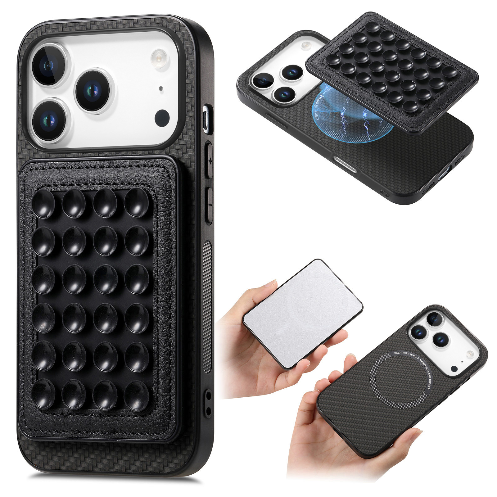 For iPhone 17 Pro Case Carbon Fiber Texture Leather Back Cover with Magnetic Detachable Suction Cup - Black