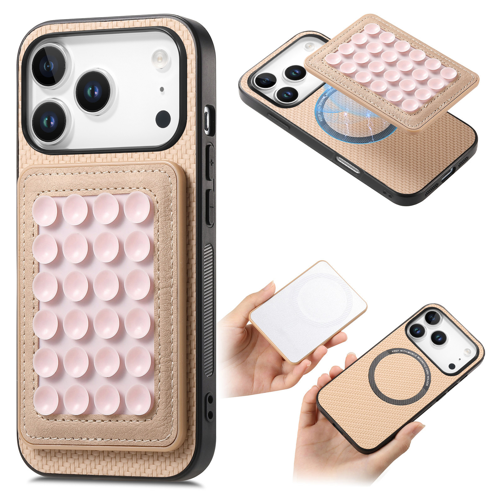 For iPhone 17 Pro Case Carbon Fiber Texture Leather Back Cover with Magnetic Detachable Suction Cup - Apricot