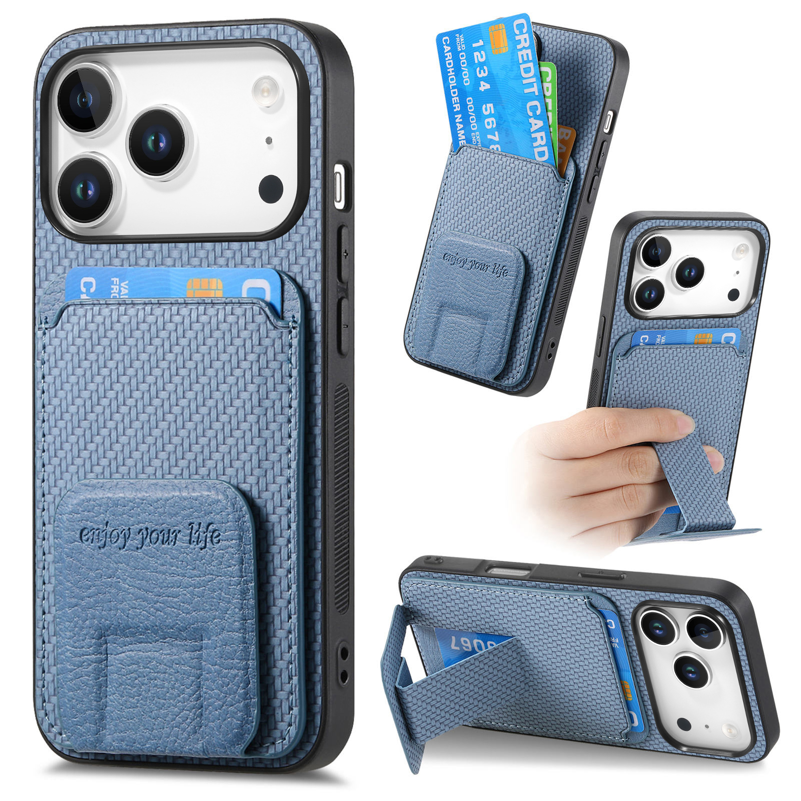 For iPhone 17 Pro Case Card Holder Carbon Fiber Texture Leather Coated TPU Phone Cover - Blue