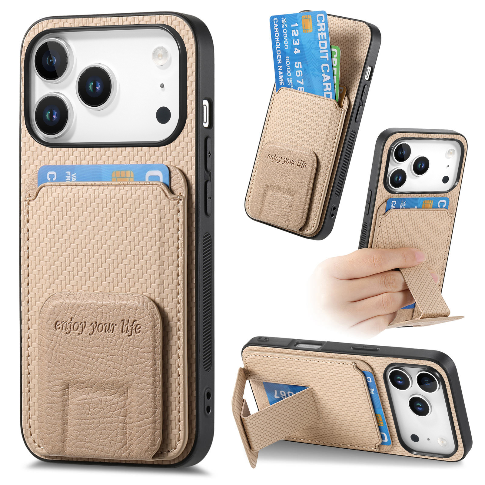 For iPhone 17 Pro Case Card Holder Carbon Fiber Texture Leather Coated TPU Phone Cover - Beige