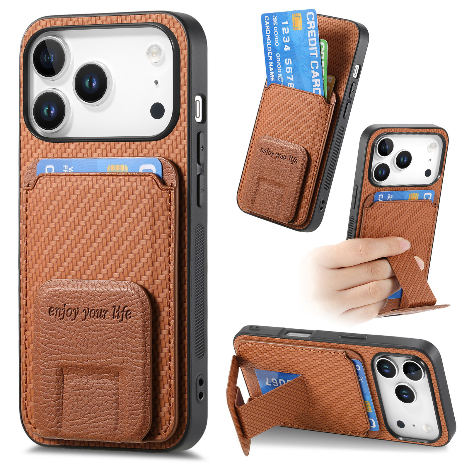 For iPhone 17 Pro Case Card Holder Carbon Fiber Texture Leather Coated TPU Phone Cover - Brown