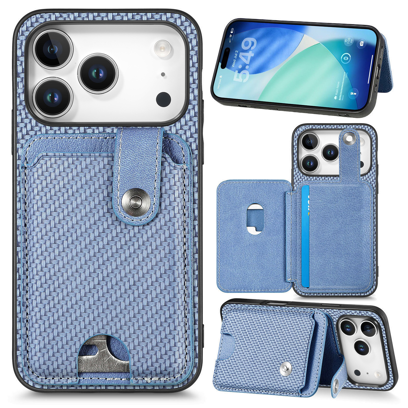For iPhone 17 Pro Case Card Slots Kickstand Phone Back Cover with Card Tool - Blue
