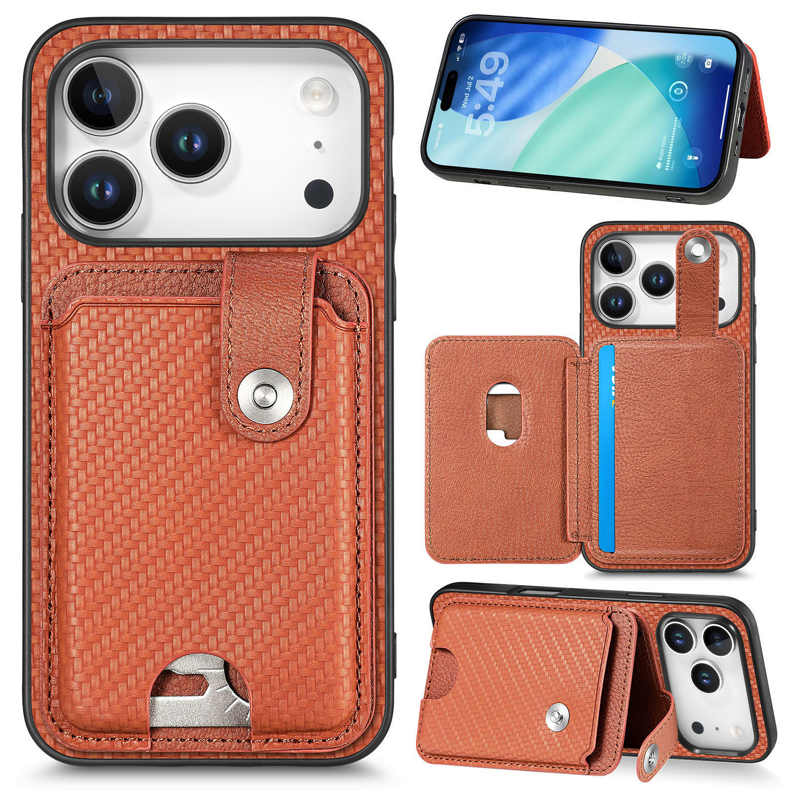 For iPhone 17 Pro Case Card Slots Kickstand Phone Back Cover with Card Tool - Brown