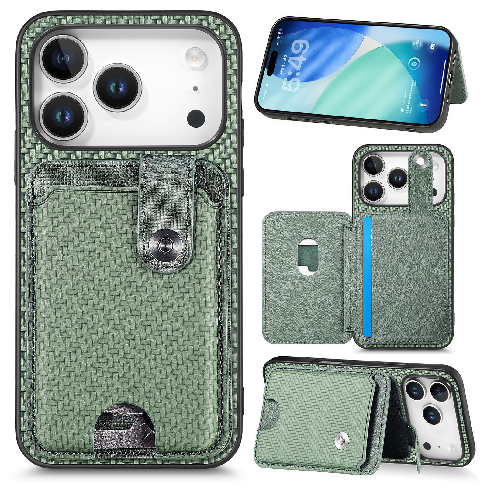 For iPhone 17 Pro Case Card Slots Kickstand Phone Back Cover with Card Tool - Green