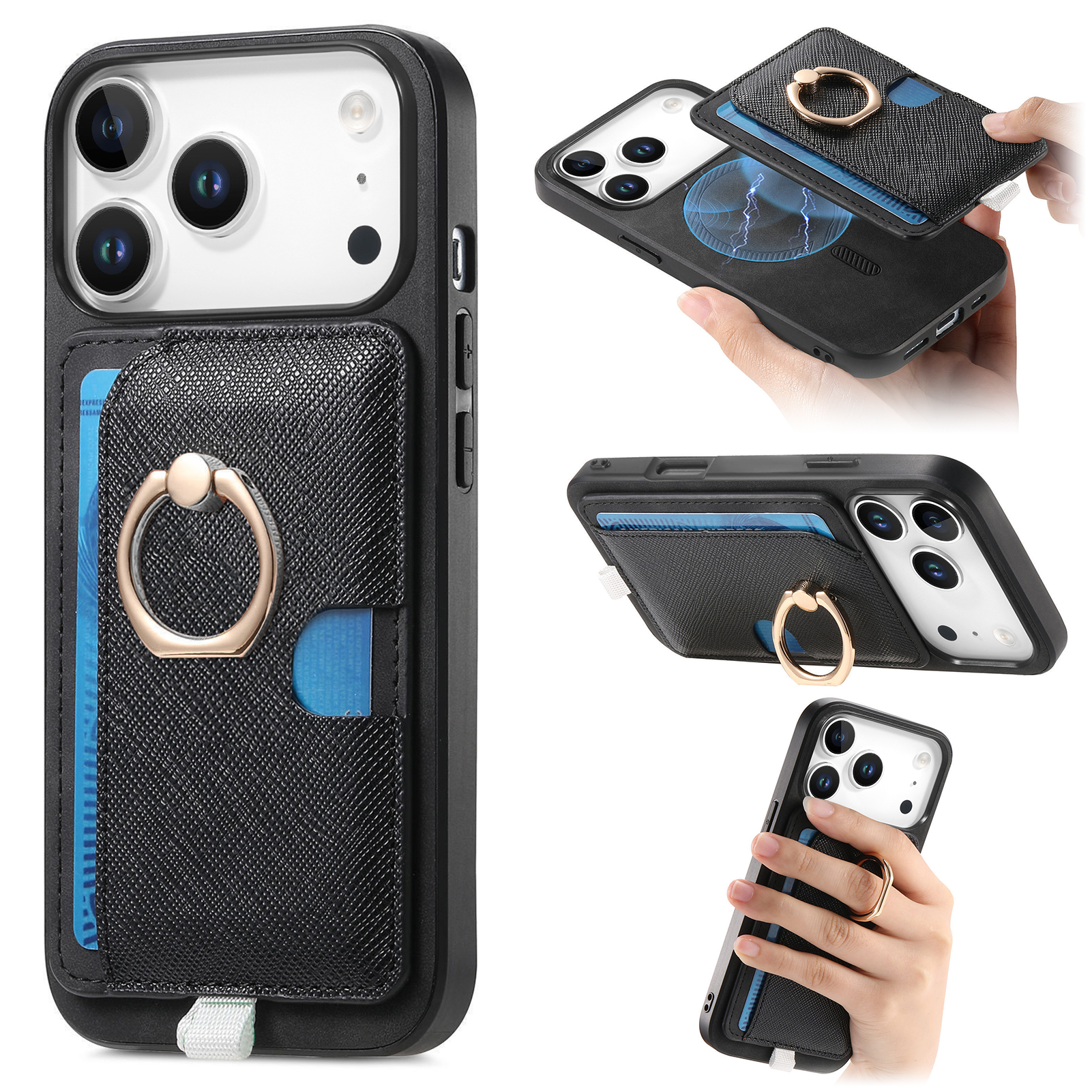 For iPhone 17 Pro Case Ring Kickstand Leather + TPU + PC Phone Cover Detachable Card Holder - Black