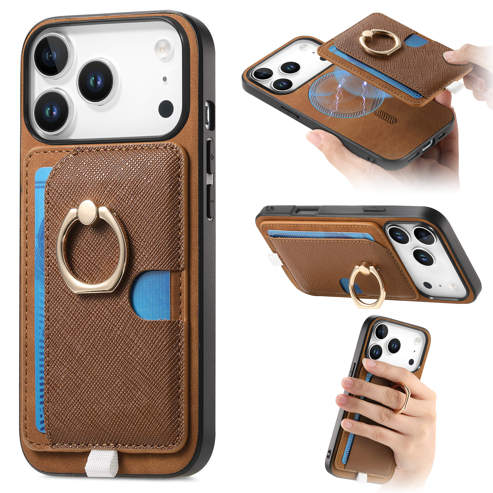 For iPhone 17 Pro Case Ring Kickstand Leather + TPU + PC Phone Cover Detachable Card Holder - Brown