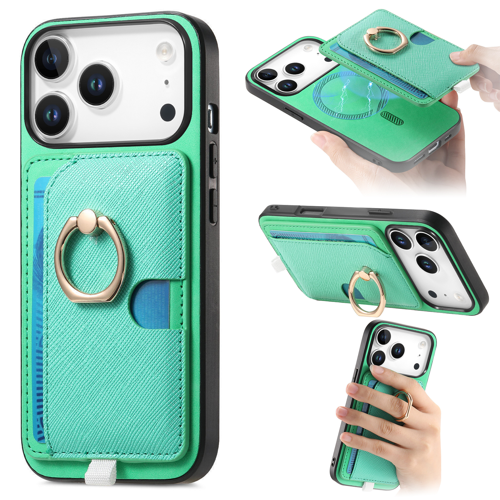 For iPhone 17 Pro Case Ring Kickstand Leather + TPU + PC Phone Cover Detachable Card Holder - Green