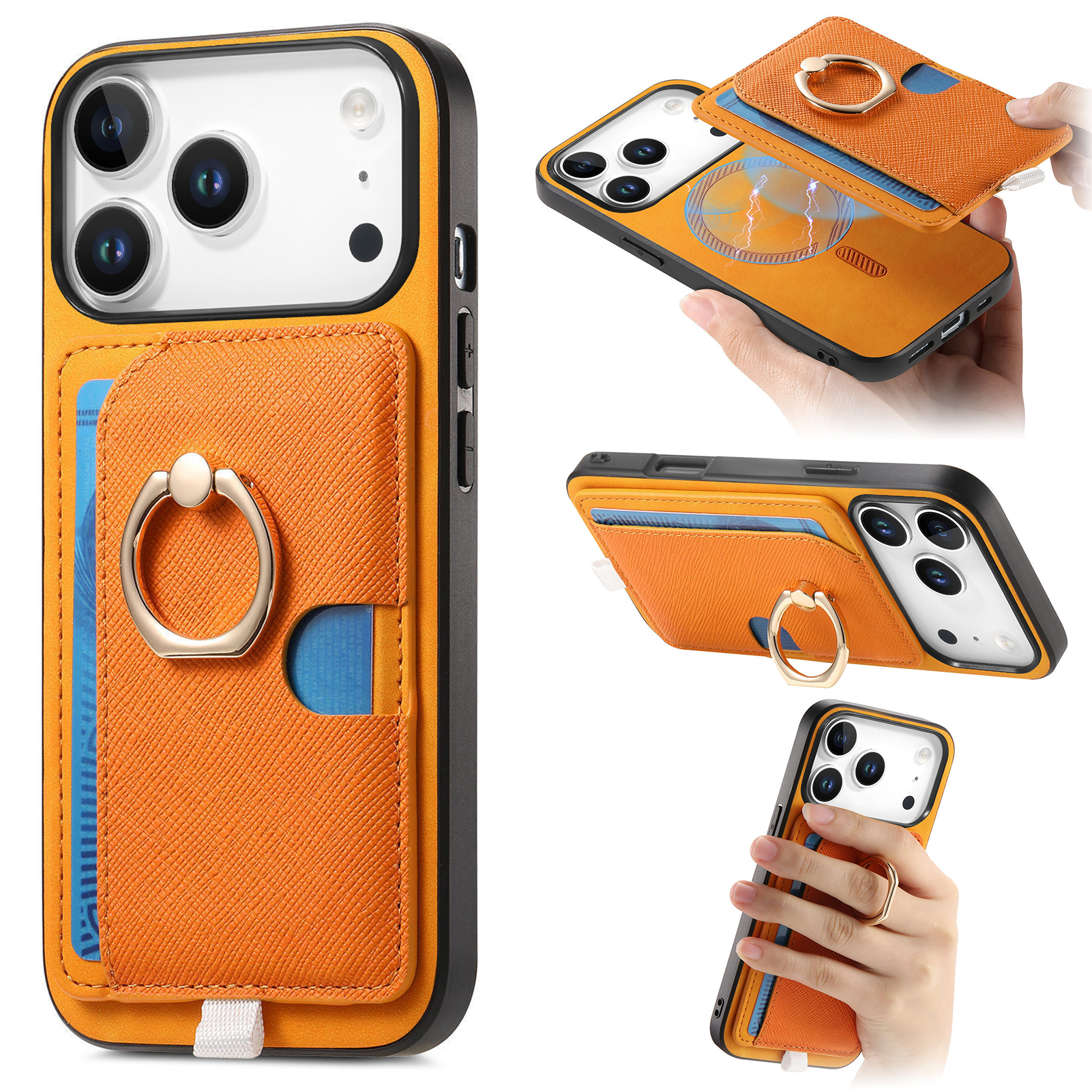 For iPhone 17 Pro Case Ring Kickstand Leather + TPU + PC Phone Cover Detachable Card Holder - Orange