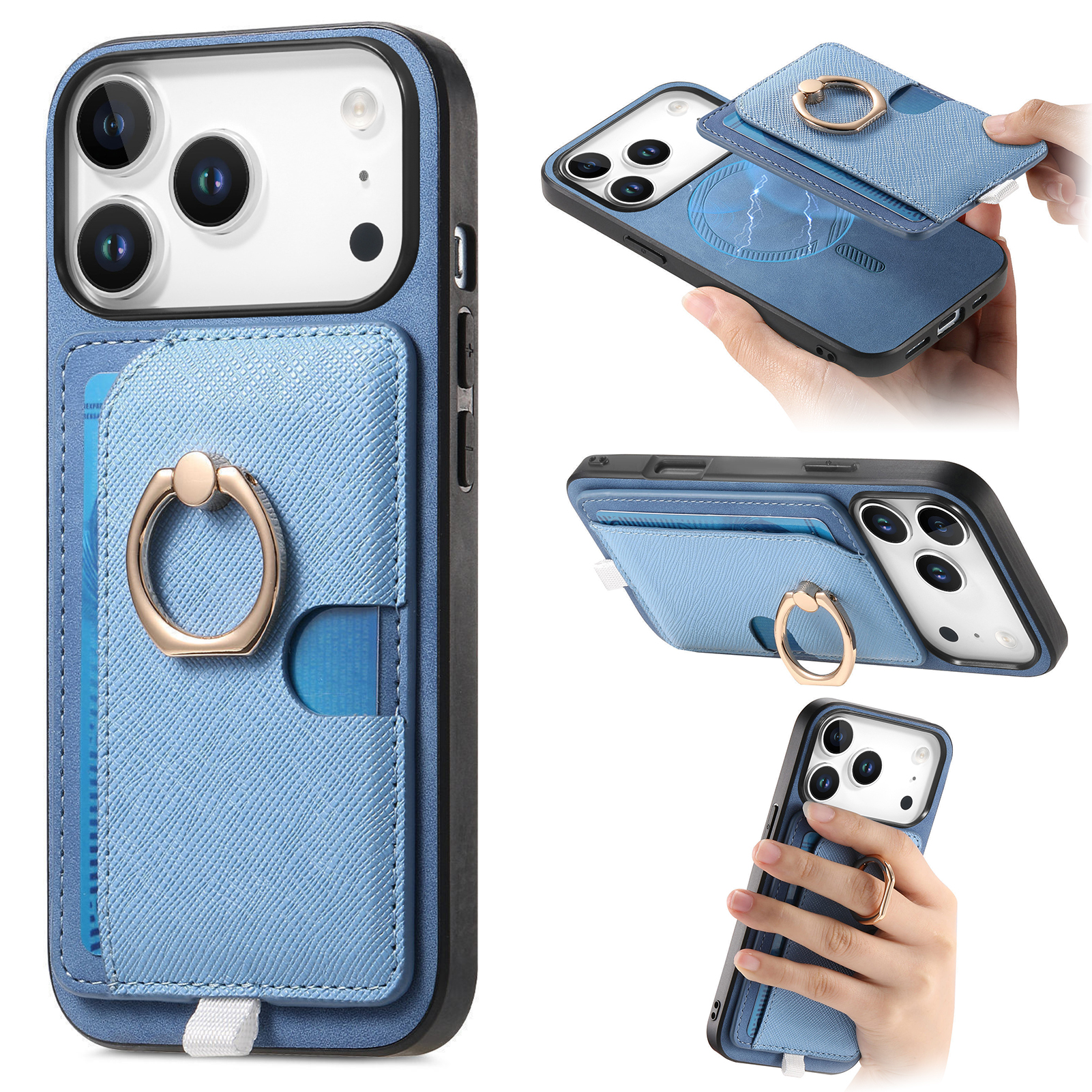 For iPhone 17 Pro Case Ring Kickstand Leather + TPU + PC Phone Cover Detachable Card Holder - Blue