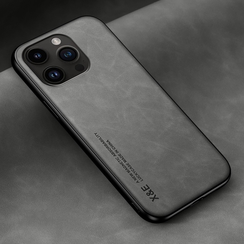 X&E Anti-fall Cell Phone Back Cover For iPhone 14 Pro Skin-touch Feeling Leather Coated TPU Phone Case with Built-in Metal Sheet - Grey-2