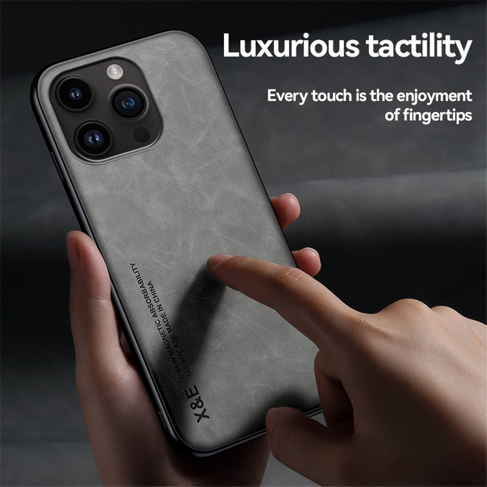 X&E Anti-fall Cell Phone Back Cover For iPhone 14 Pro Skin-touch Feeling Leather Coated TPU Phone Case with Built-in Metal Sheet - Grey-6