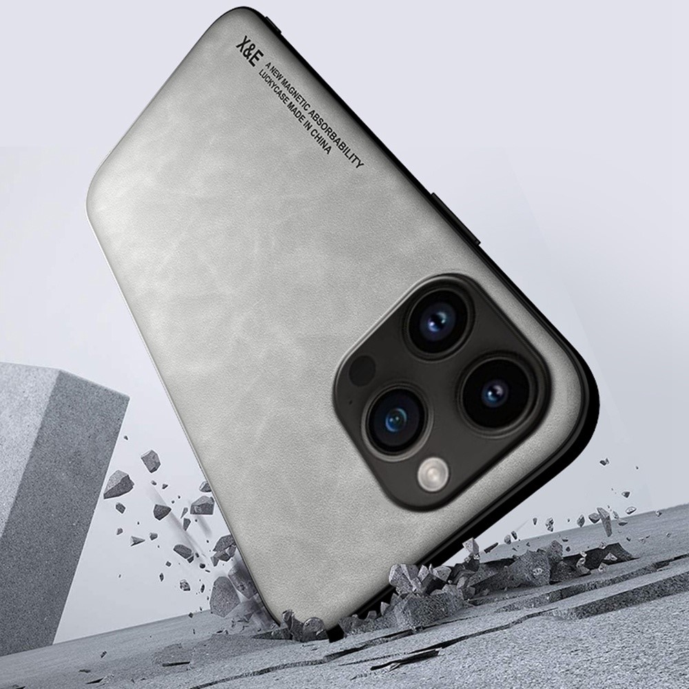 X&E Non-slip Phone Cover For iPhone 14 Pro Max, Skin-touch Feeling Leather Coated TPU Mobile Phone Case with Built-in Metal Sheet - Grey-3
