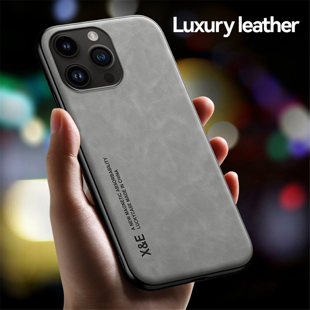 X&E Non-slip Phone Cover For iPhone 14 Pro Max, Skin-touch Feeling Leather Coated TPU Mobile Phone Case with Built-in Metal Sheet - Grey-4