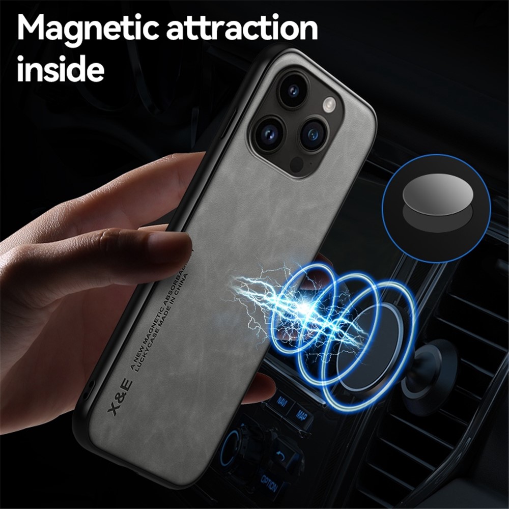 X&E Non-slip Phone Cover For iPhone 14 Pro Max, Skin-touch Feeling Leather Coated TPU Mobile Phone Case with Built-in Metal Sheet - Grey-7