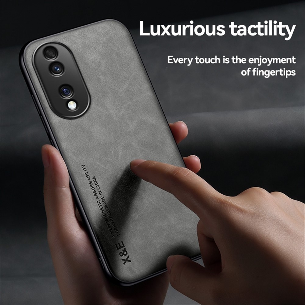 X&E Magnetic Phone Cover For Honor 70 5G, Skin-touch Feeling Leather Coated TPU Protective Phone Case with Built-in Metal Sheet - Grey-6