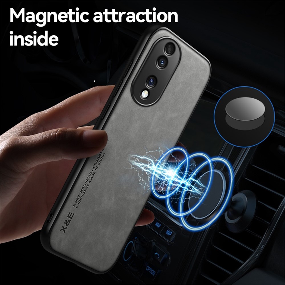 X&E Magnetic Phone Cover For Honor 70 5G, Skin-touch Feeling Leather Coated TPU Protective Phone Case with Built-in Metal Sheet - Grey-7
