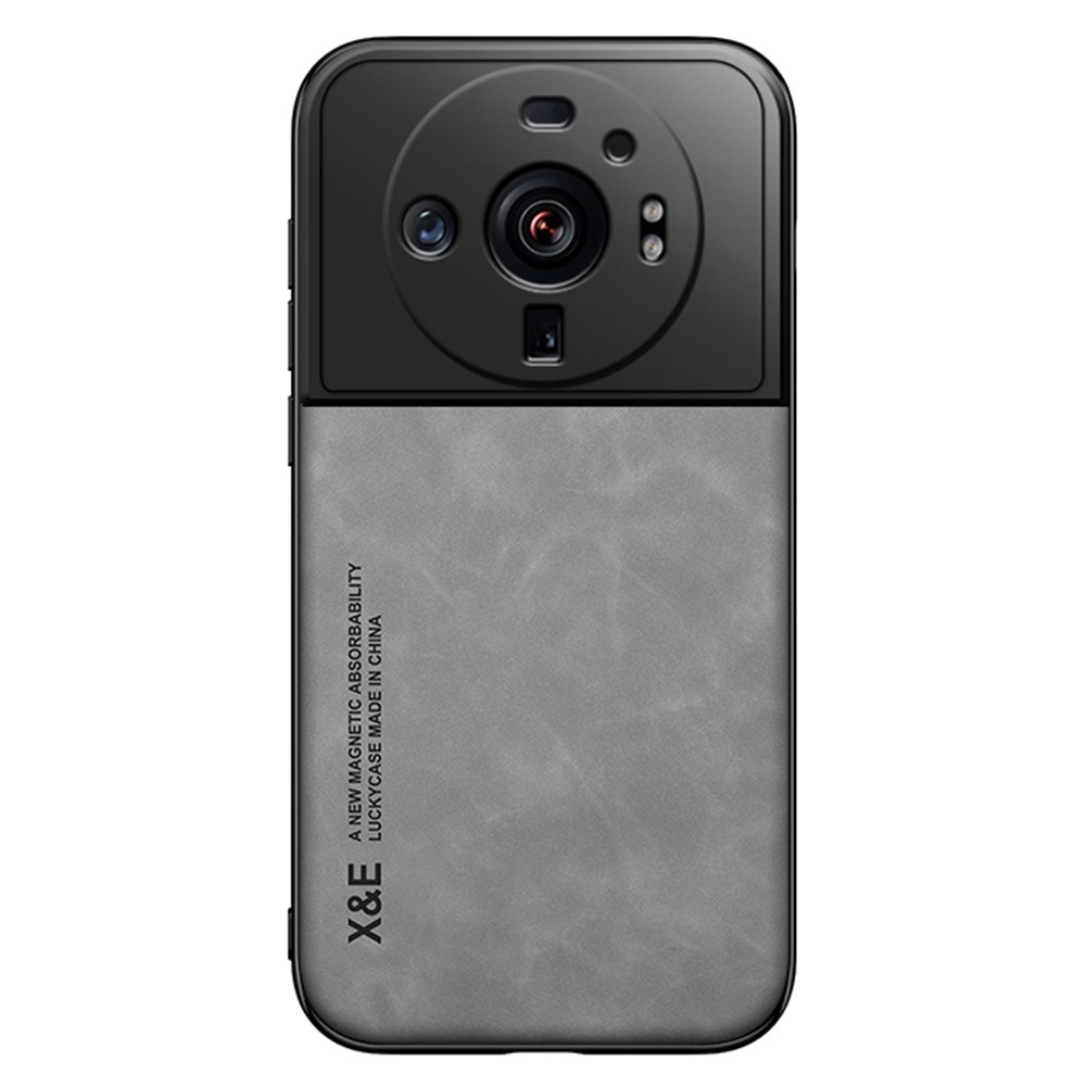 X&E Skin-Touch Anti-scratch Phone Case for Xiaomi 12S Ultra 5G, PU Leather TPU+PC Phone Cover Built-In Metal Sheet - Grey-1