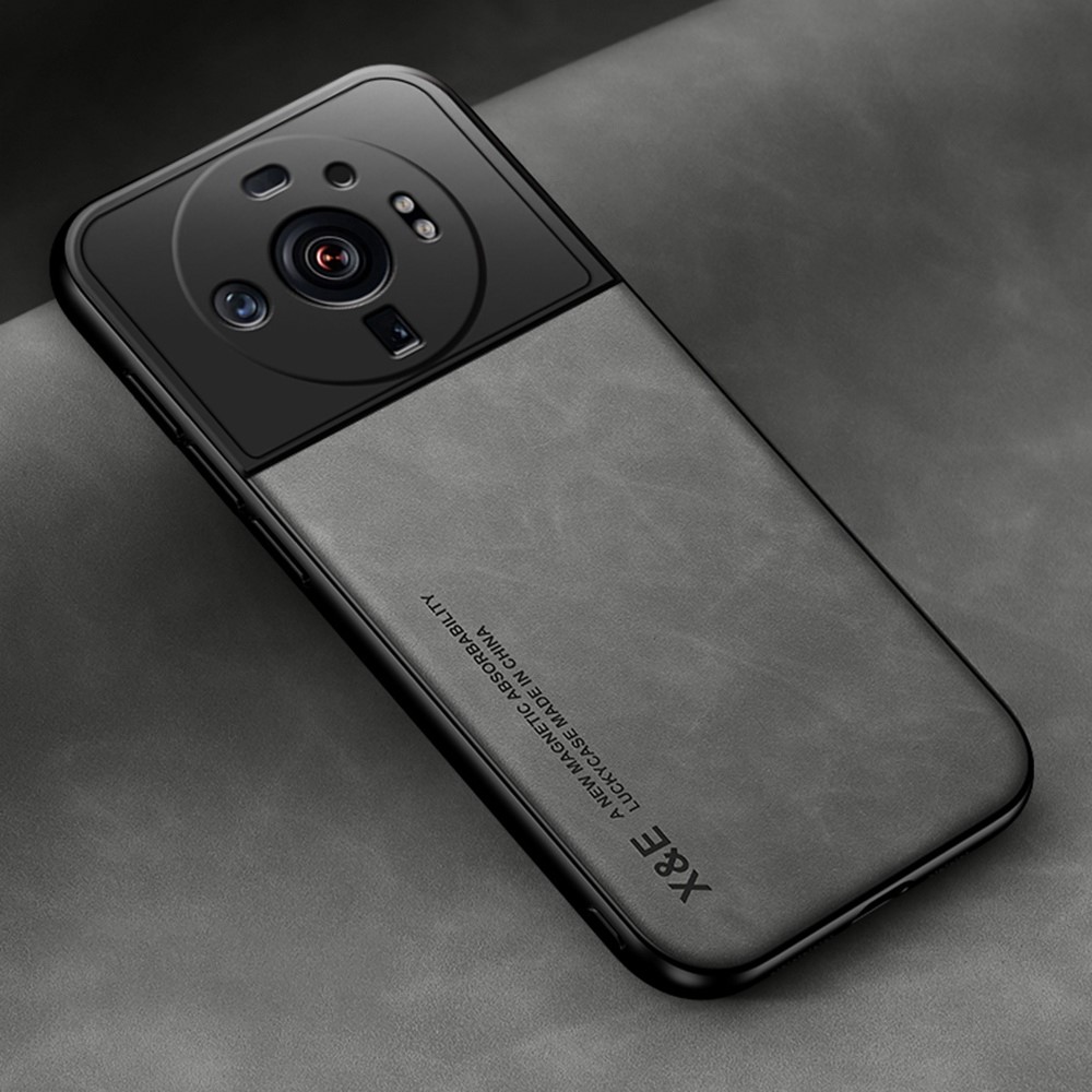 X&E Skin-Touch Anti-scratch Phone Case for Xiaomi 12S Ultra 5G, PU Leather TPU+PC Phone Cover Built-In Metal Sheet - Grey-2