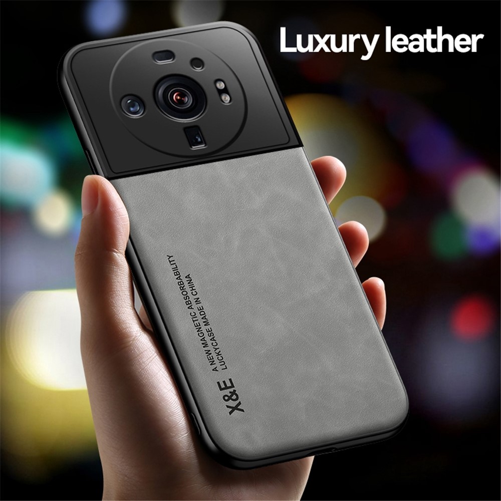X&E Skin-Touch Anti-scratch Phone Case for Xiaomi 12S Ultra 5G, PU Leather TPU+PC Phone Cover Built-In Metal Sheet - Grey-4