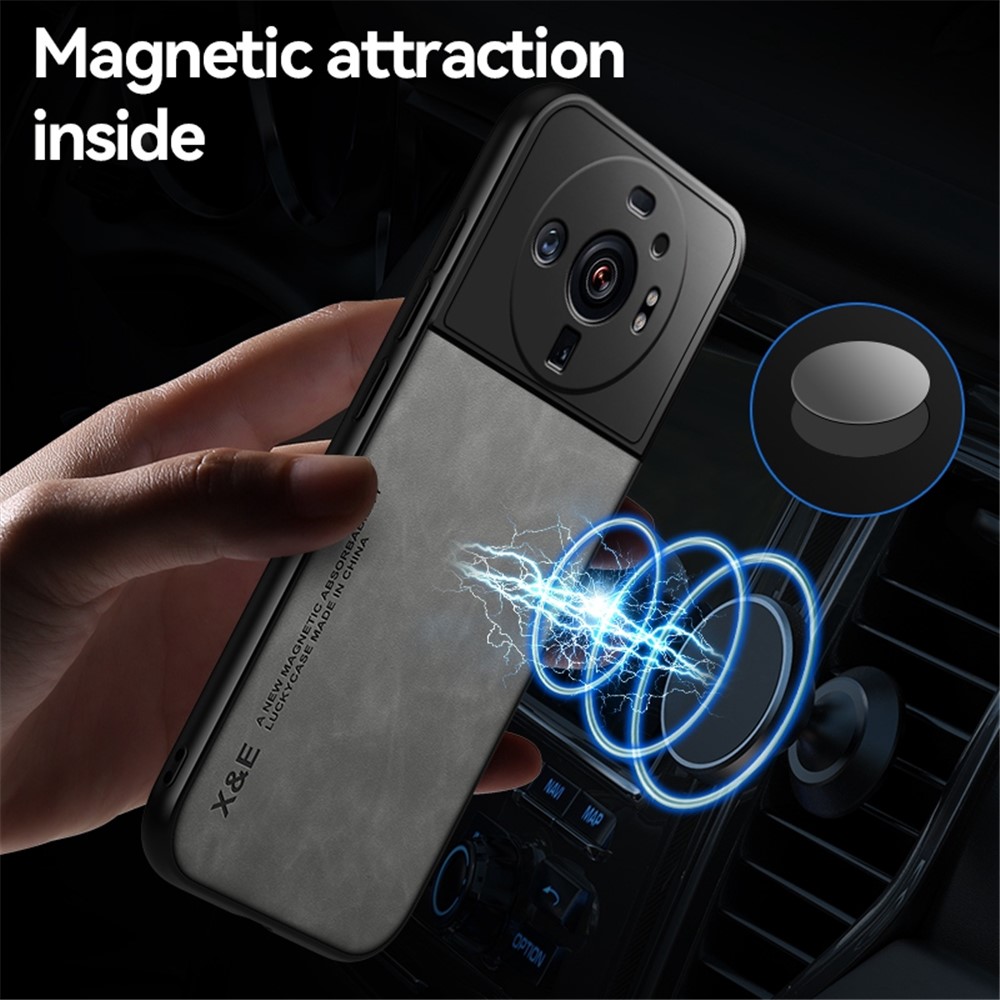 X&E Skin-Touch Anti-scratch Phone Case for Xiaomi 12S Ultra 5G, PU Leather TPU+PC Phone Cover Built-In Metal Sheet - Grey-7