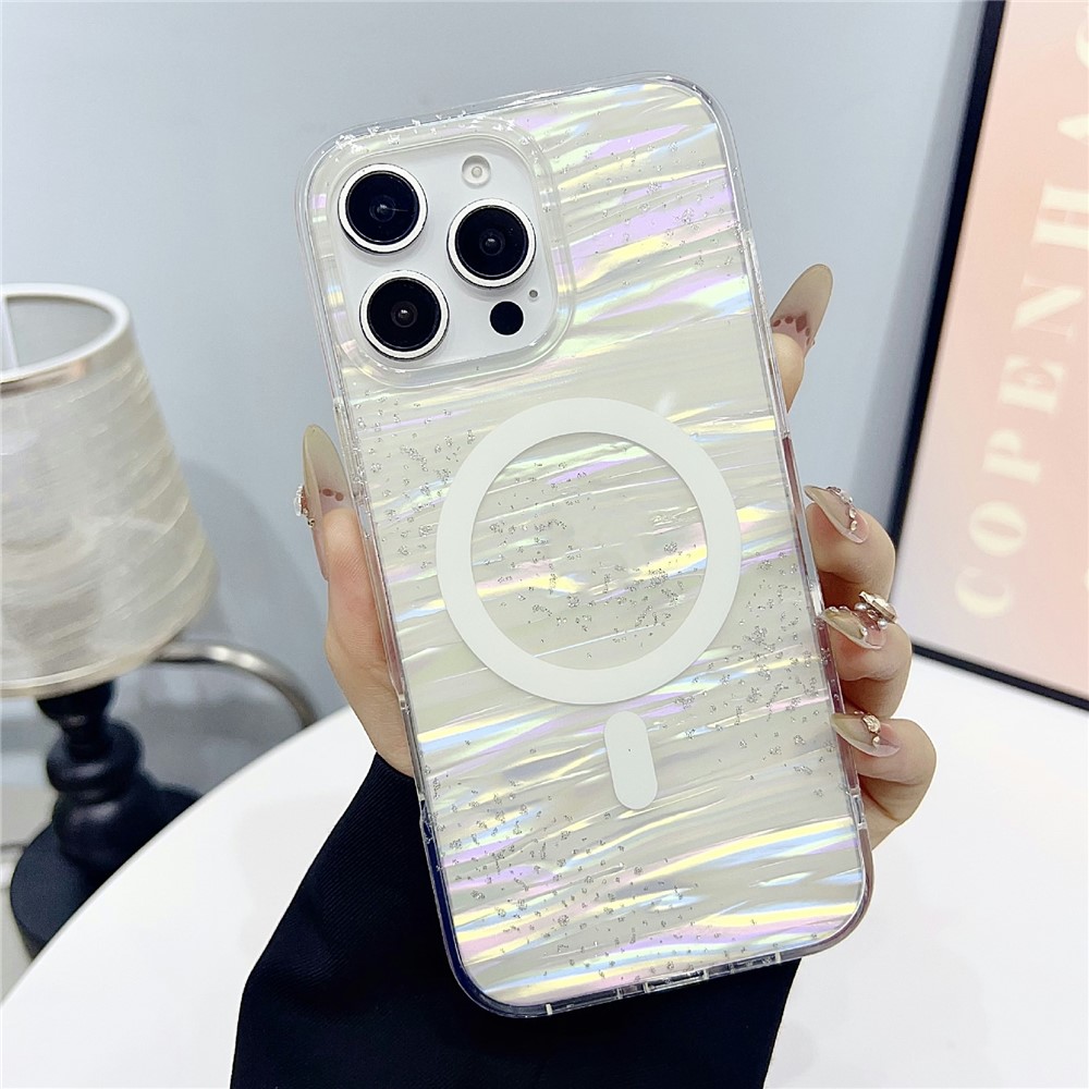 For iPhone 16 Pro Max Case Shimmering Starry Stripe Pattern TPU + PC Phone Cover Compatible with MagSafe - White