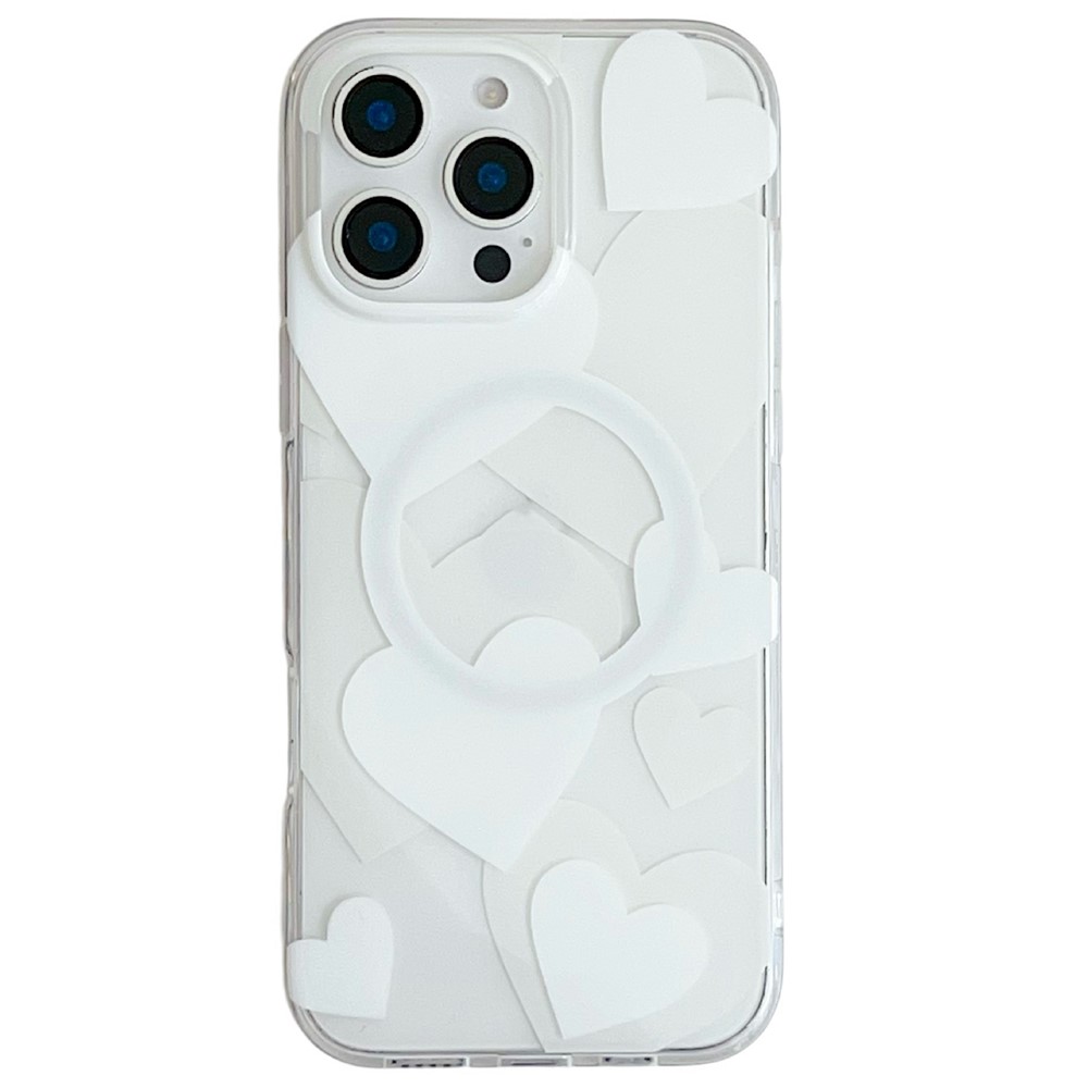 For iPhone 16 Pro Case Heart Pattern TPU + PC Protective Phone Cover Compatible with MagSafe - White