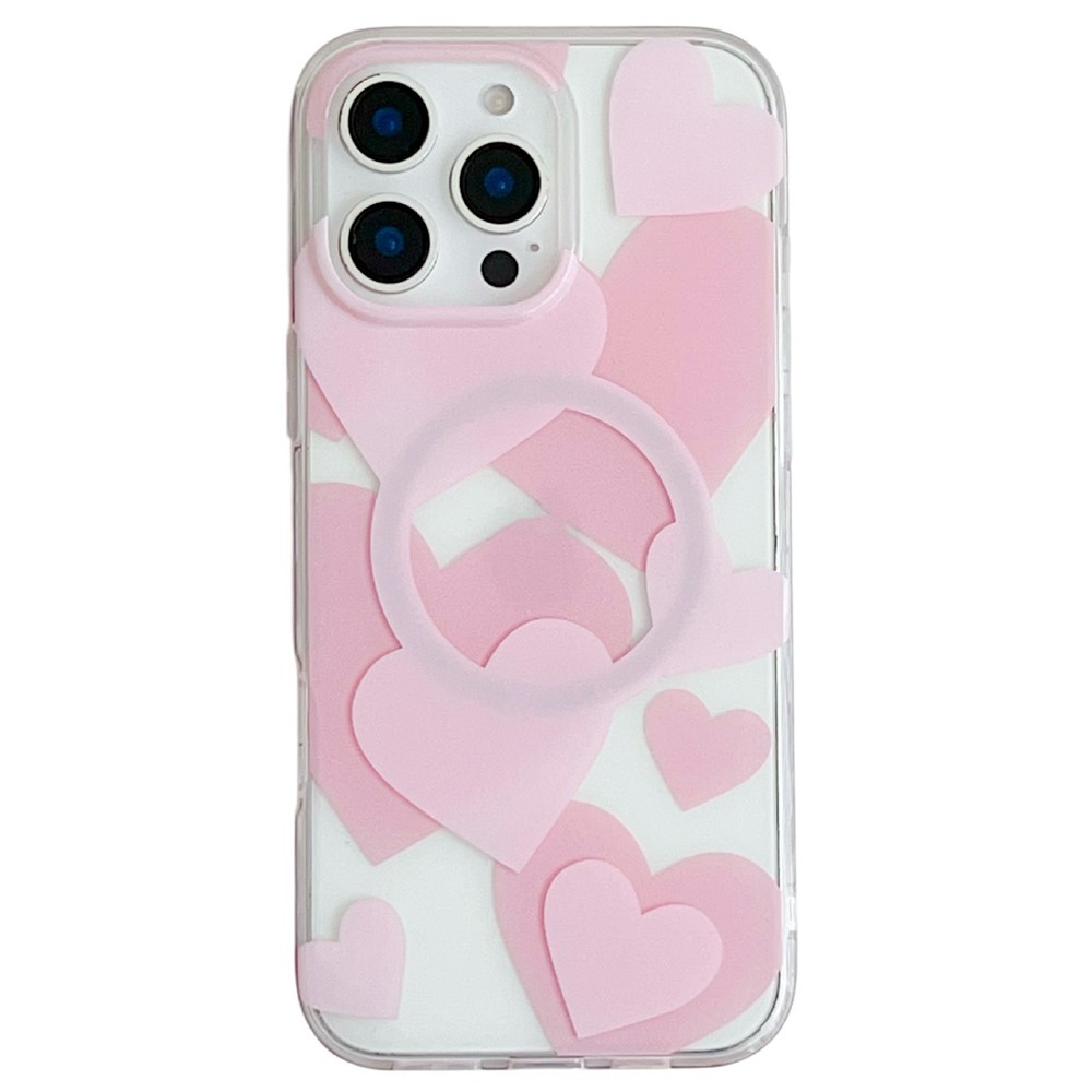 For iPhone 16 Pro Case Heart Pattern TPU + PC Protective Phone Cover Compatible with MagSafe - Pink