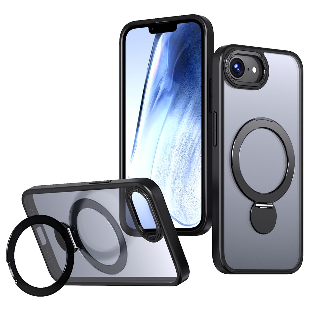 For iPhone 16e Case Compatible with MagSafe Ring Kickstand TPU PC Clear Phone Back Cover - Black